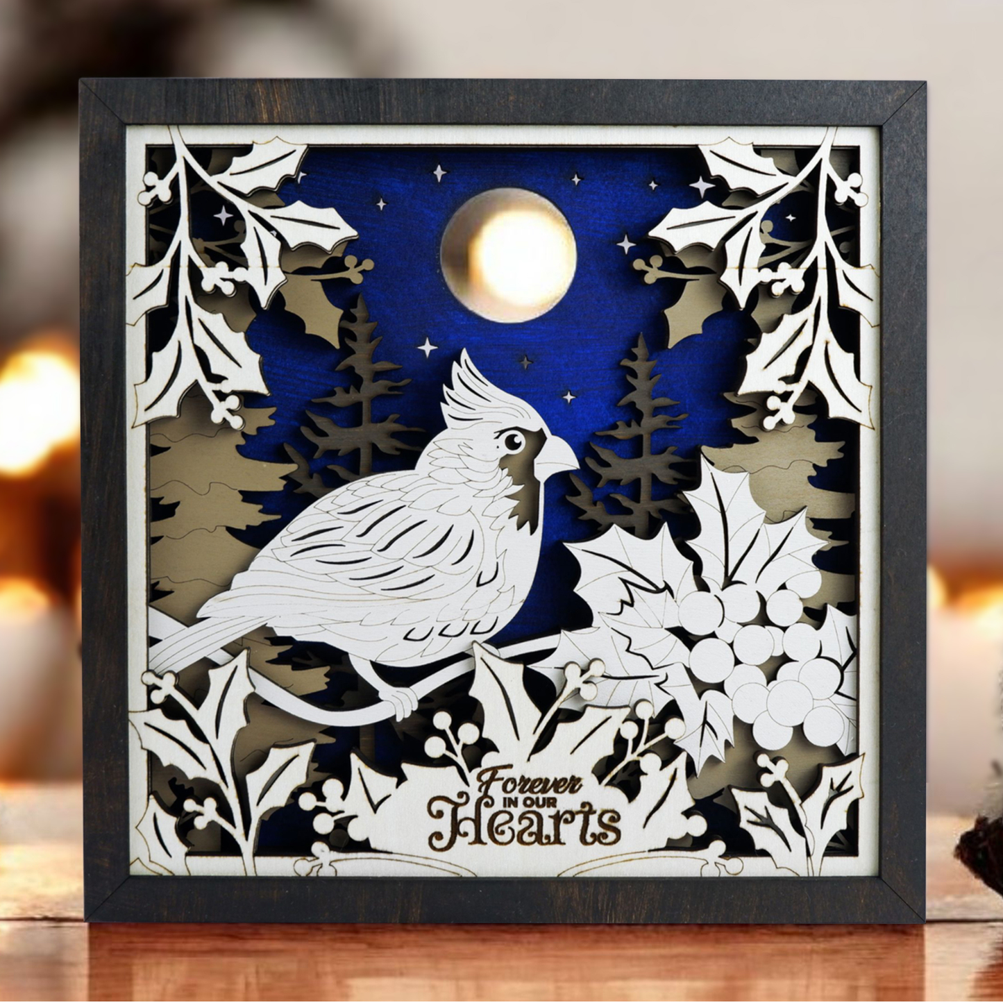 Personalized 3D Cardinal Christmas Memorial Decor – Hand Painted Wooden Scene
