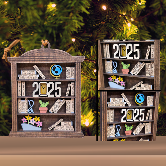 2025 Year in Review Bookcase Ornament – Layered Laser Cut Keepsake, Handmade & Hand Painted in Ohio