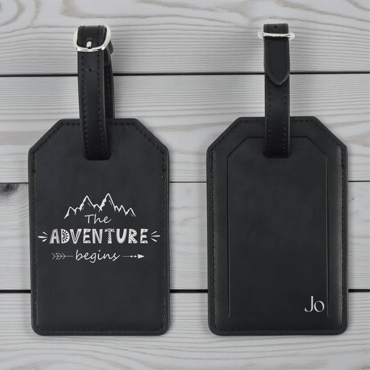 Adventure Leatherette Luggage Tag with Strap | Personalized Engraved Travel Tag | Monogram Backside | Gift Box Included