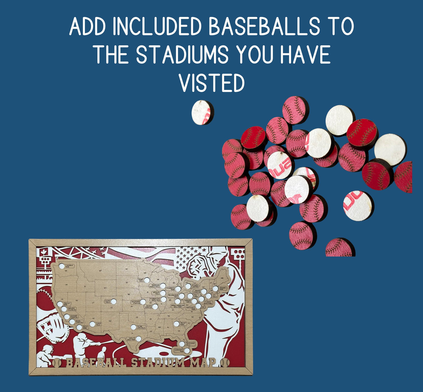 Baseball Map Tracker – Wooden USA Ballpark Travel Keepsake