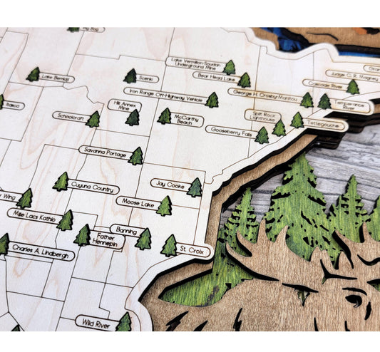 Minnesota State Park Tracker Map – 12x20 Laser Engraved Wood Wall Art with Tree Icons | Gift-Ready with Easel Display & Free Shipping