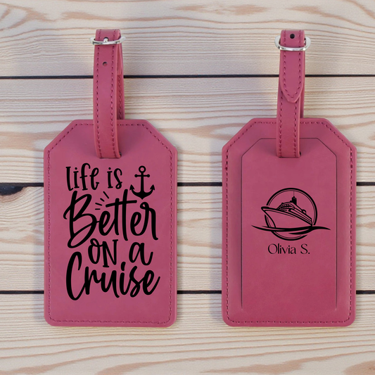 Cruise Leatherette Luggage Tag with Strap | Personalized Engraved Travel Tag | Monogram Backside | Gift Box Included