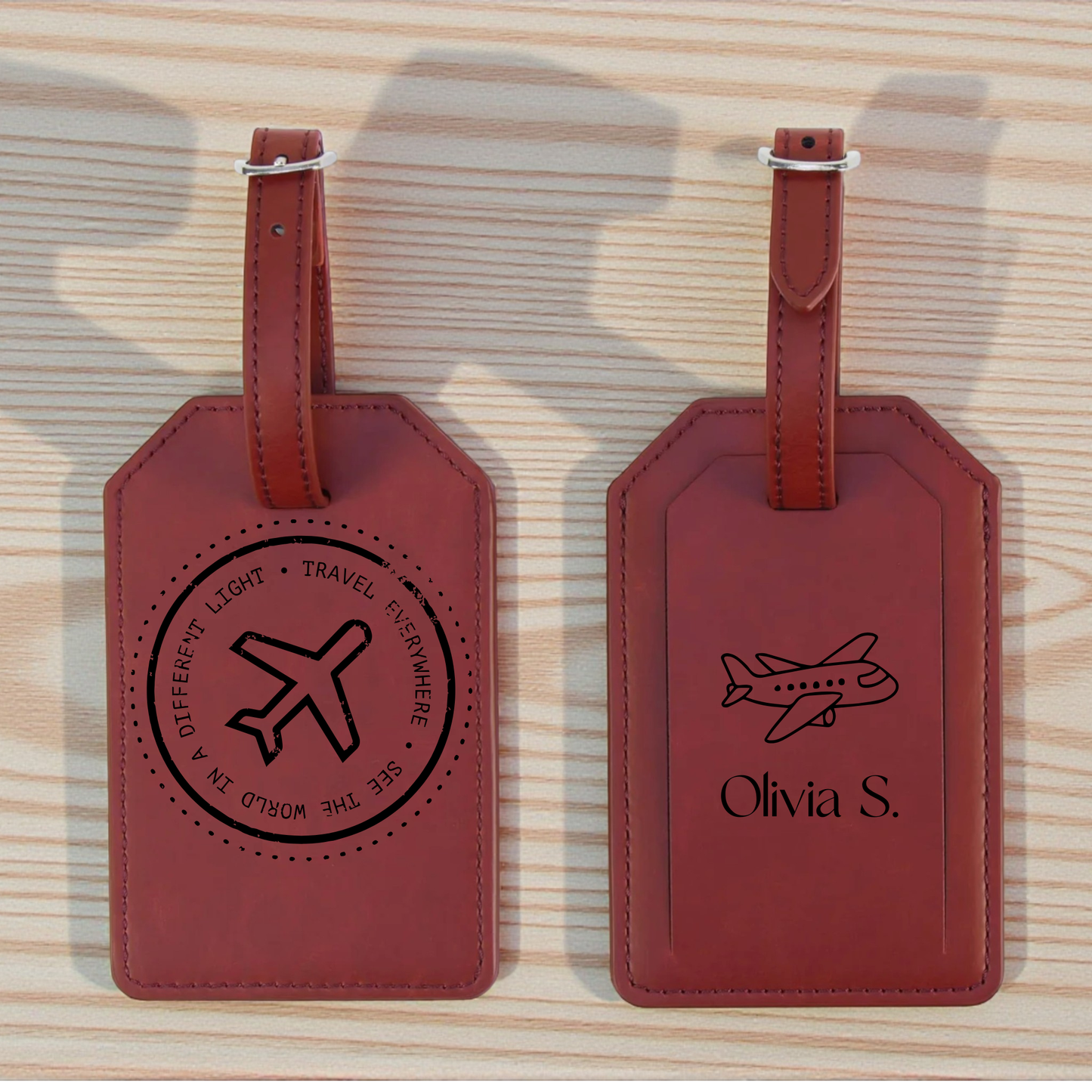 Adventure Leatherette Luggage Tag with Strap | Personalized Engraved Travel Tag | Monogram Backside | Gift Box Included