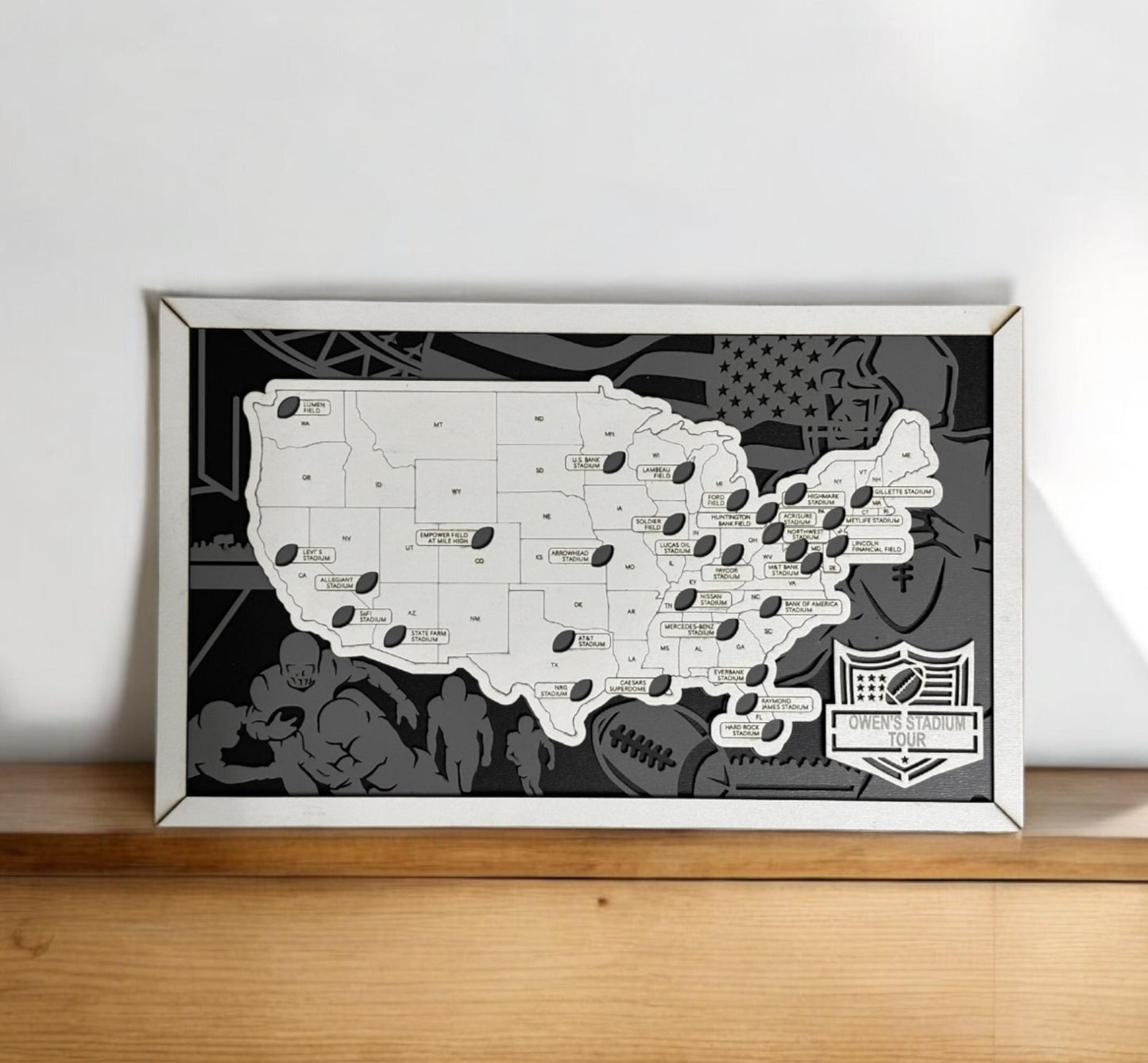 Football Stadium Tracker Map – 12x20 Laser Engraved Wood Wall Art with Custom Team-Inspired Background | Gift-Ready Sports Travel Display