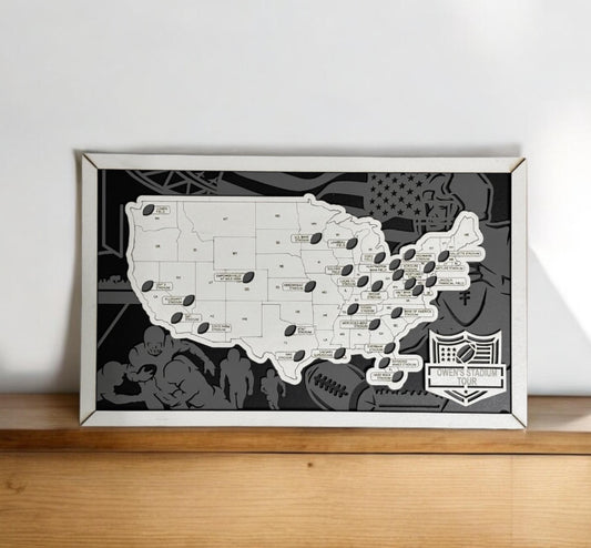 Football Stadium Tracker Map – 12x20 Laser Engraved Wood Wall Art with Custom Team-Inspired Background | Gift-Ready Sports Travel Display