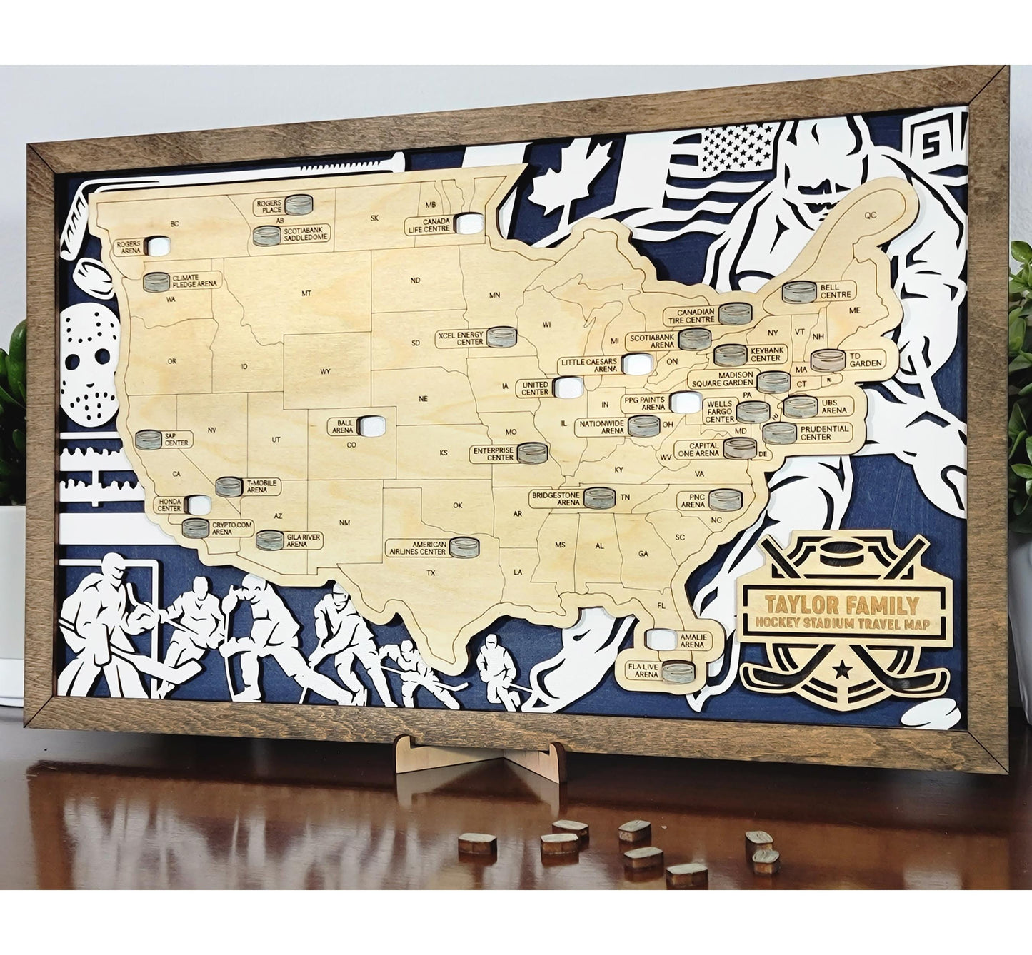Hockey Stadium Tracker Map – 12x20 Laser Engraved Wood Wall Art with Puck Icons | Custom Team Color or Walnut Background