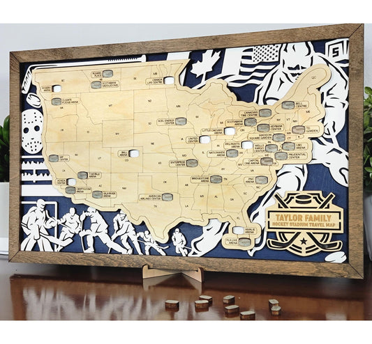 Hockey Stadium Tracker Map – 12x20 Laser Engraved Wood Wall Art with Puck Icons | Custom Team Color or Walnut Background