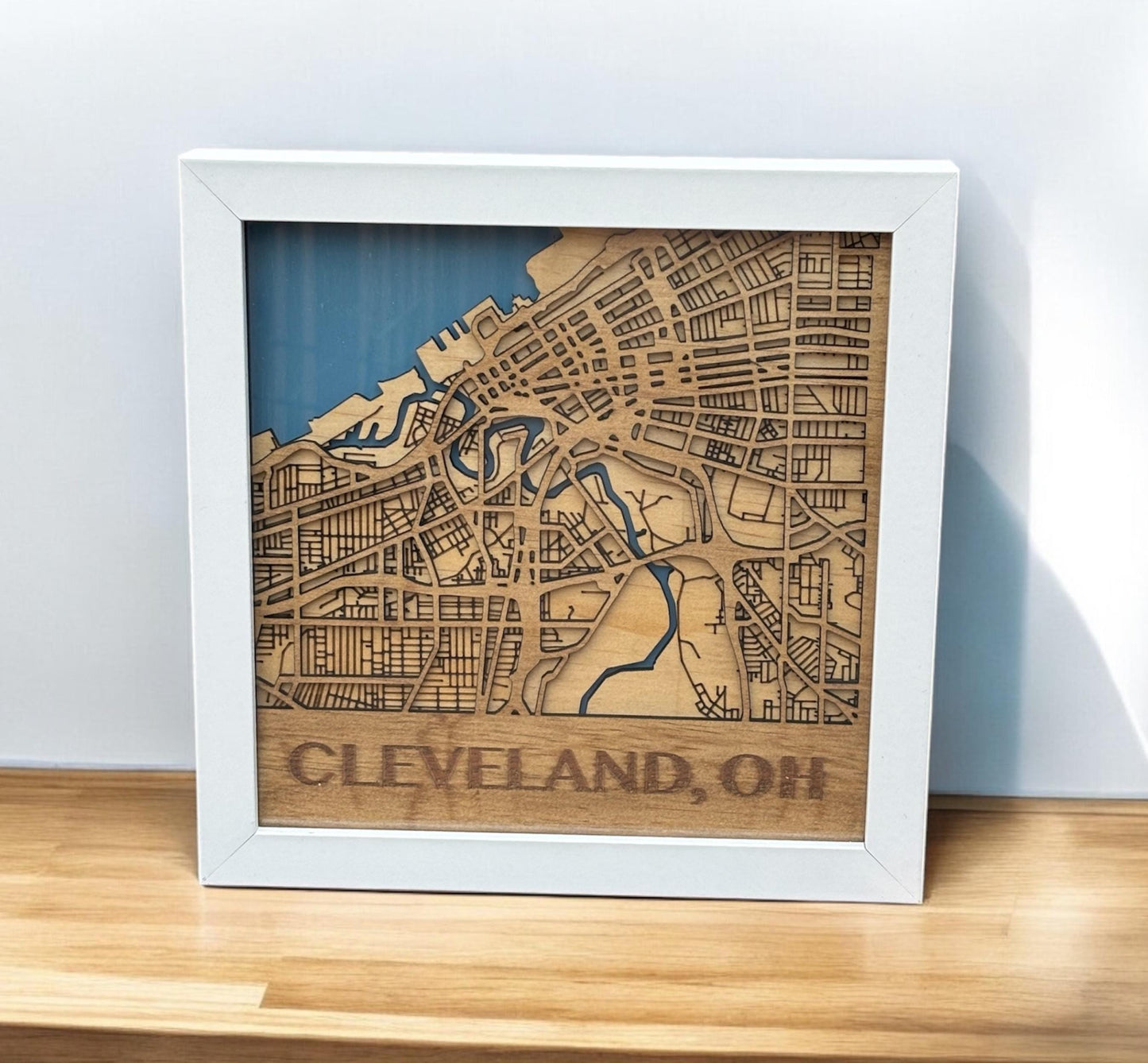3D Cleveland Map Shadow Box – Laser Engraved Wall Art in White or Black Frame | 8x8 Cleveland Home Decor Gift