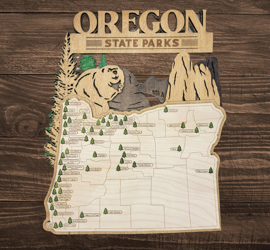 Oregon State Park Tracker Map – Laser Engraved Wood Wall Art with Tree Icons – Adventure Gift for Hikers & Campers