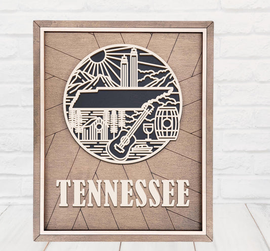 Tennessee State Wall Art – Handmade Wooden Sign Featuring Tennessee Symbols, Music, and Culture | Gift-Ready with Easel Display