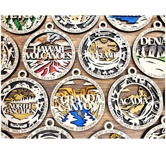 National Parks Wooden Ornament – Laser Engraved 4" Round Rustic Wood Ornament with Optional Park Icons