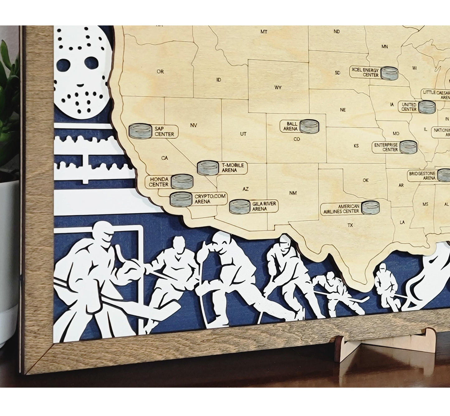 Hockey Stadium Tracker Map – 12x20 Laser Engraved Wood Wall Art with Puck Icons | Custom Team Color or Walnut Background