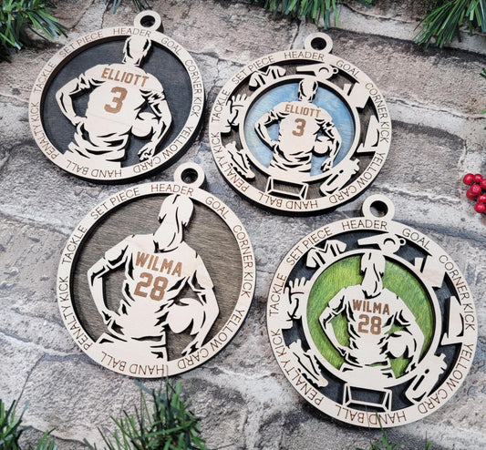 Personalized Soccer Ornament – Laser Engraved 4" Wooden Ornament with Optional Soccer Icons | Gift Box & Ribbon Included