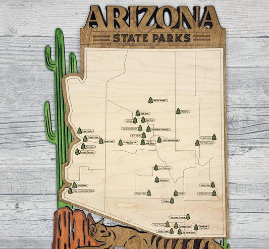 Arizona State Park Tracker Map – 12x20 Engraved Wood Wall Art | Personalized Adventure Gift, Handmade in Ohio