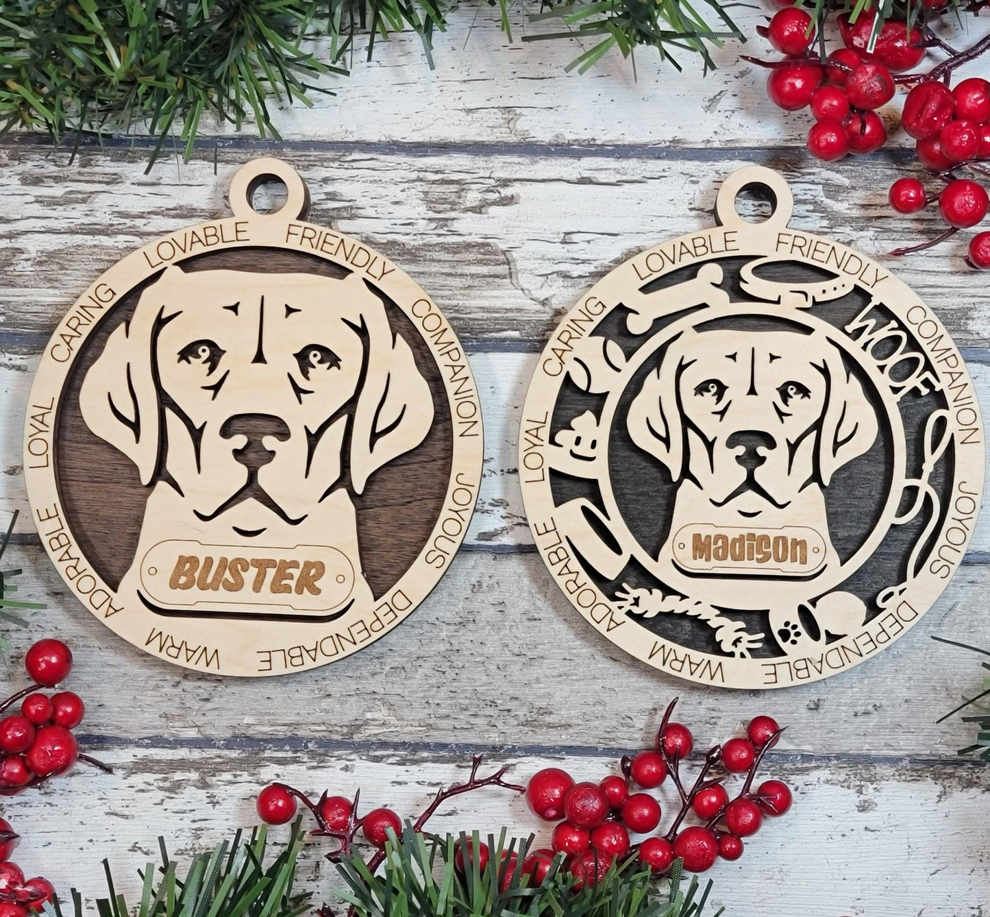 Personalized Dog Ornament – 4" Laser Engraved Wooden Ornament with Optional Dog Icons | All Breeds Included, Custom Name