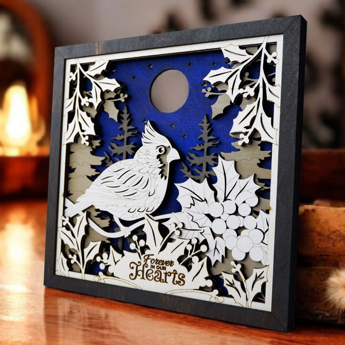 Personalized 3D Cardinal Christmas Memorial Decor – Hand Painted Wooden Scene