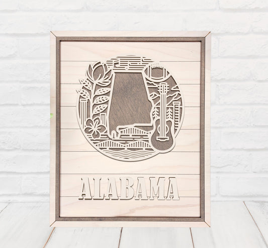 Alabama State Wall Art – Handmade Wood Sign Featuring Alabama Symbols, Culture & Heritage | Gift-Ready with Easel Display