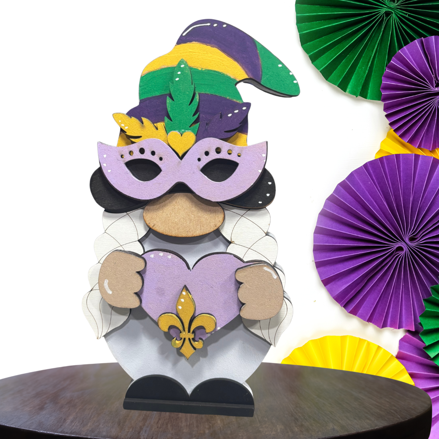 Mardi Gras Interchangeable Gnome – Handmade 10” Shelf Sitter with Outfit