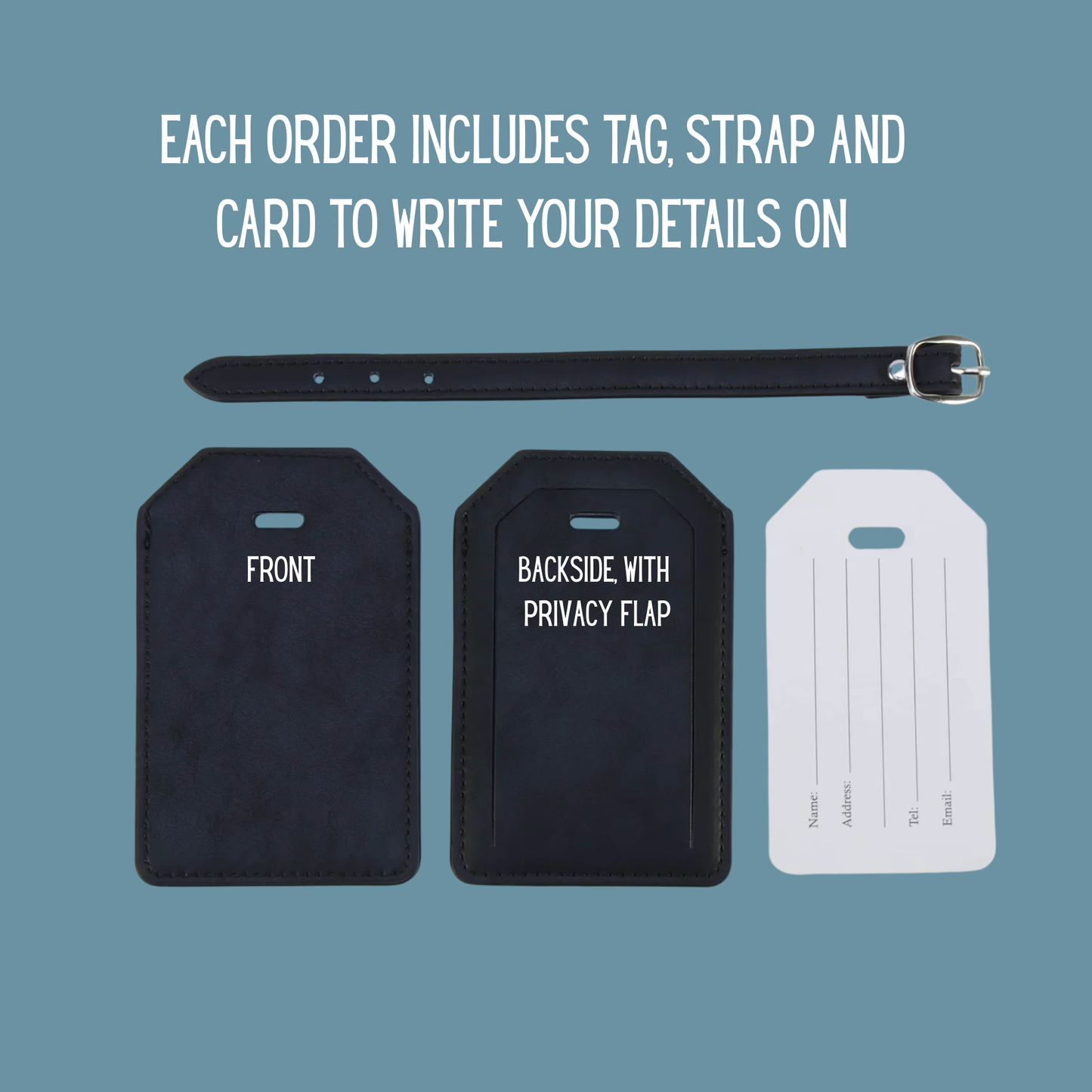 Adventure Leatherette Luggage Tag with Strap | Personalized Engraved Travel Tag | Monogram Backside | Gift Box Included