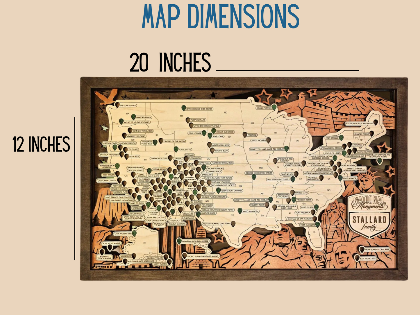 National Monument Map Tracker – Wooden USA Travel Wall Art, Laser Cut & Engraved