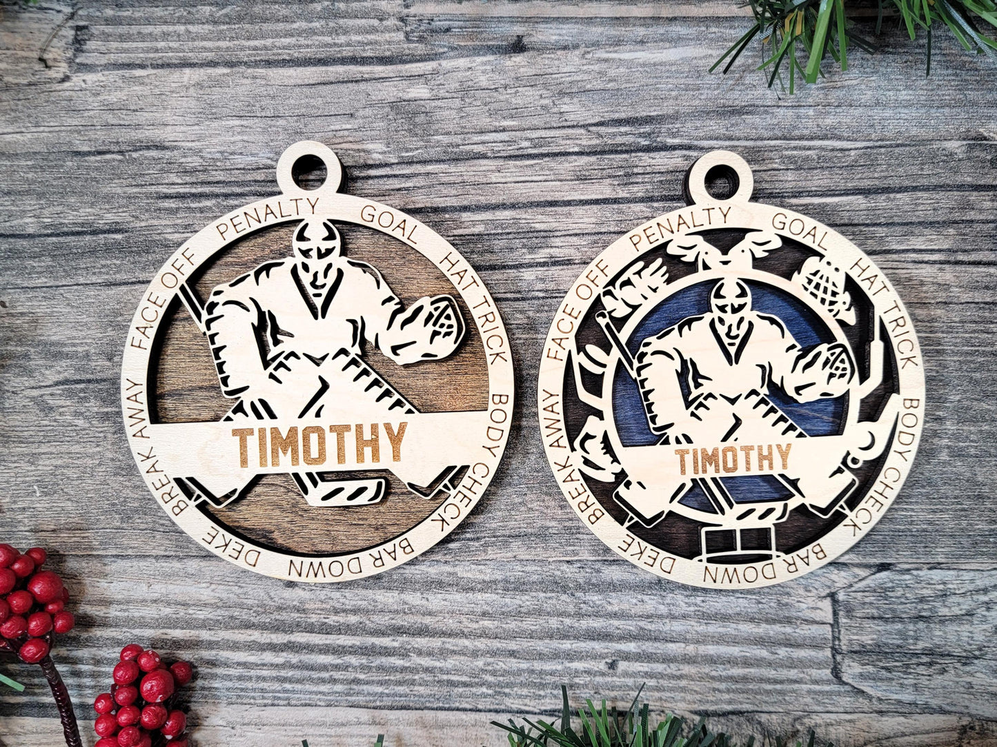 Personalized Hockey Goalie Ornament – Laser Engraved 4" Wood Ornament with Custom Name & Number | Choose Background Color