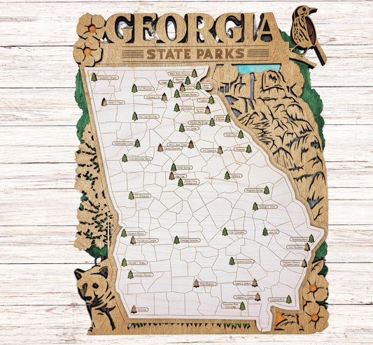 Georgia State Park Tracker Map – 12x20 Laser Engraved Wood Wall Art | Personalized Outdoor Gift, Handmade in Ohio