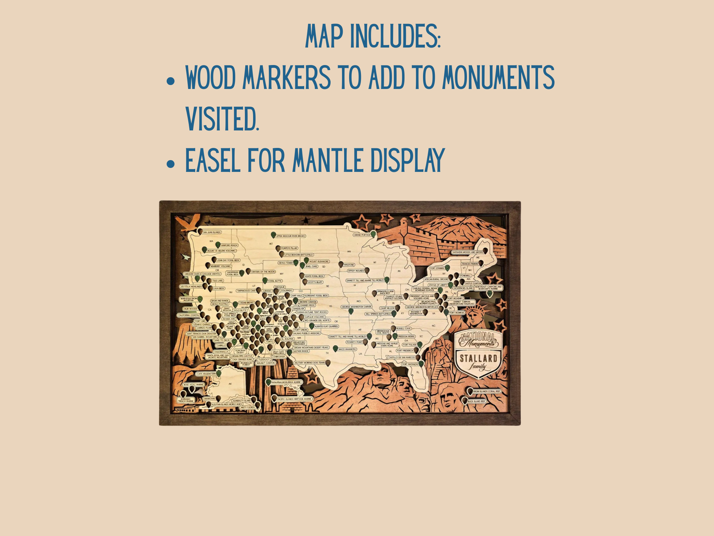 National Monument Map Tracker – Wooden USA Travel Wall Art, Laser Cut & Engraved