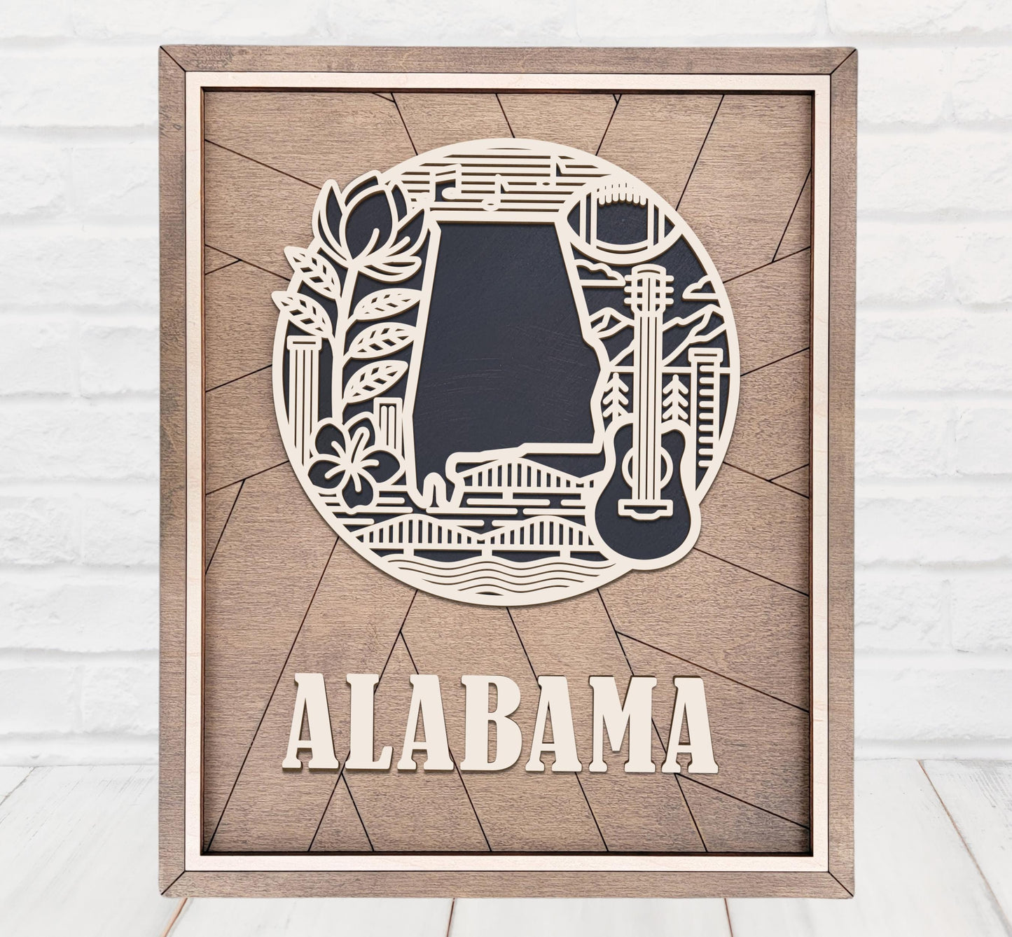 Alabama State Wall Art – Handmade Wood Sign Featuring Alabama Symbols, Culture & Heritage | Gift-Ready with Easel Display