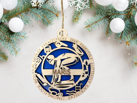 Personalized Swimmer Ornament – Engraved Wooden 4" Keepsake with Name, Year & Event, Gift-Boxed