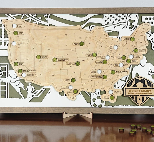 Soccer Stadium Tracker Map – 12x20 Engraved Wood Wall Art | Personalized Gift for Fans & Travelers, Handmade in Ohio