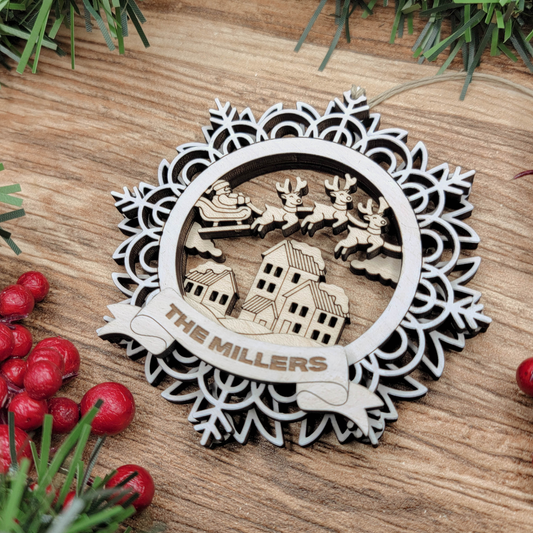 Personalized Santa Sleigh Snowflake Ornament – Custom Engraved Wooden Christmas Ornament