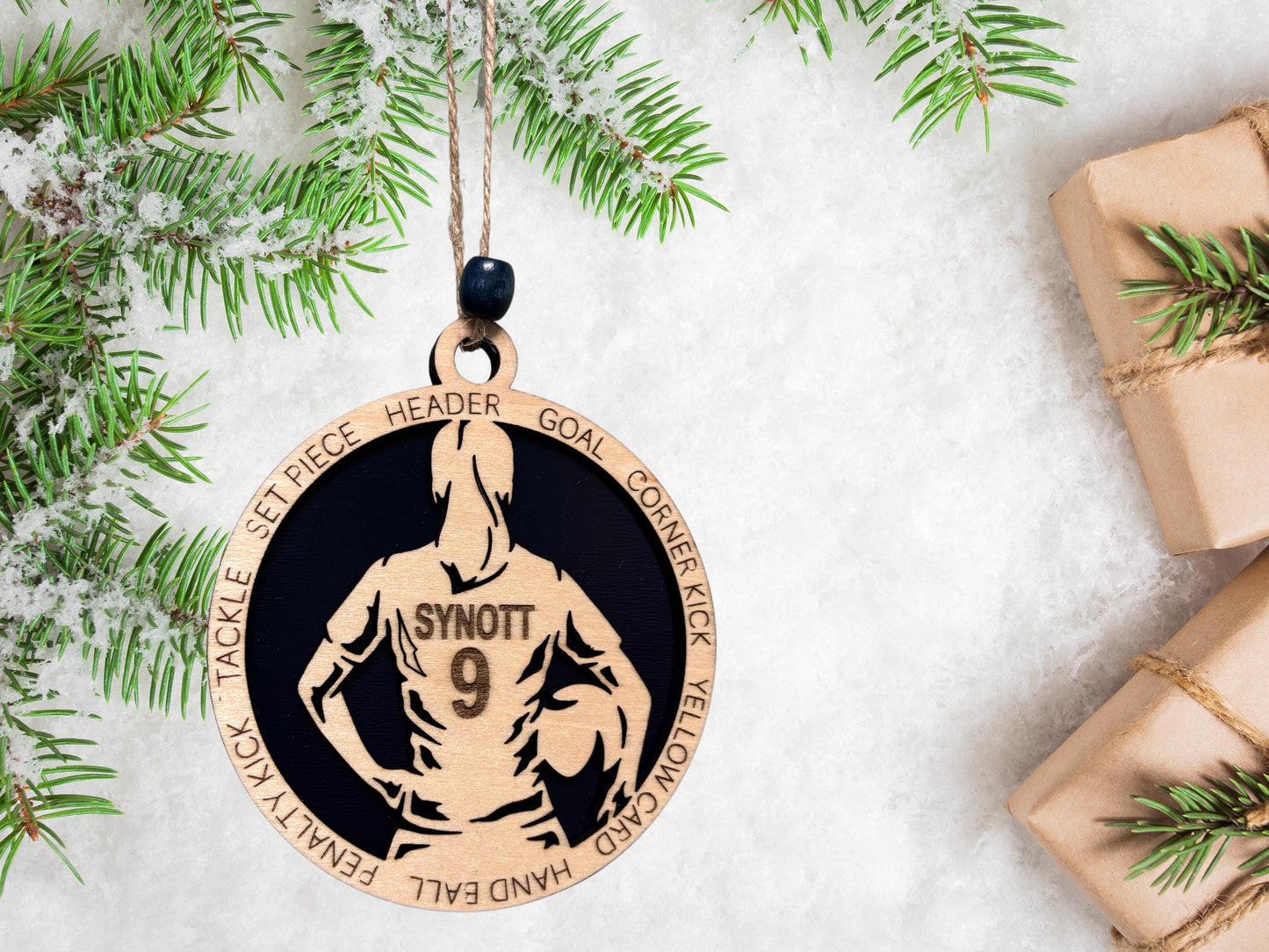 Personalized Soccer Ornament – Engraved Wooden 4" Keepsake with Name, Number & Year, Gift-Boxed