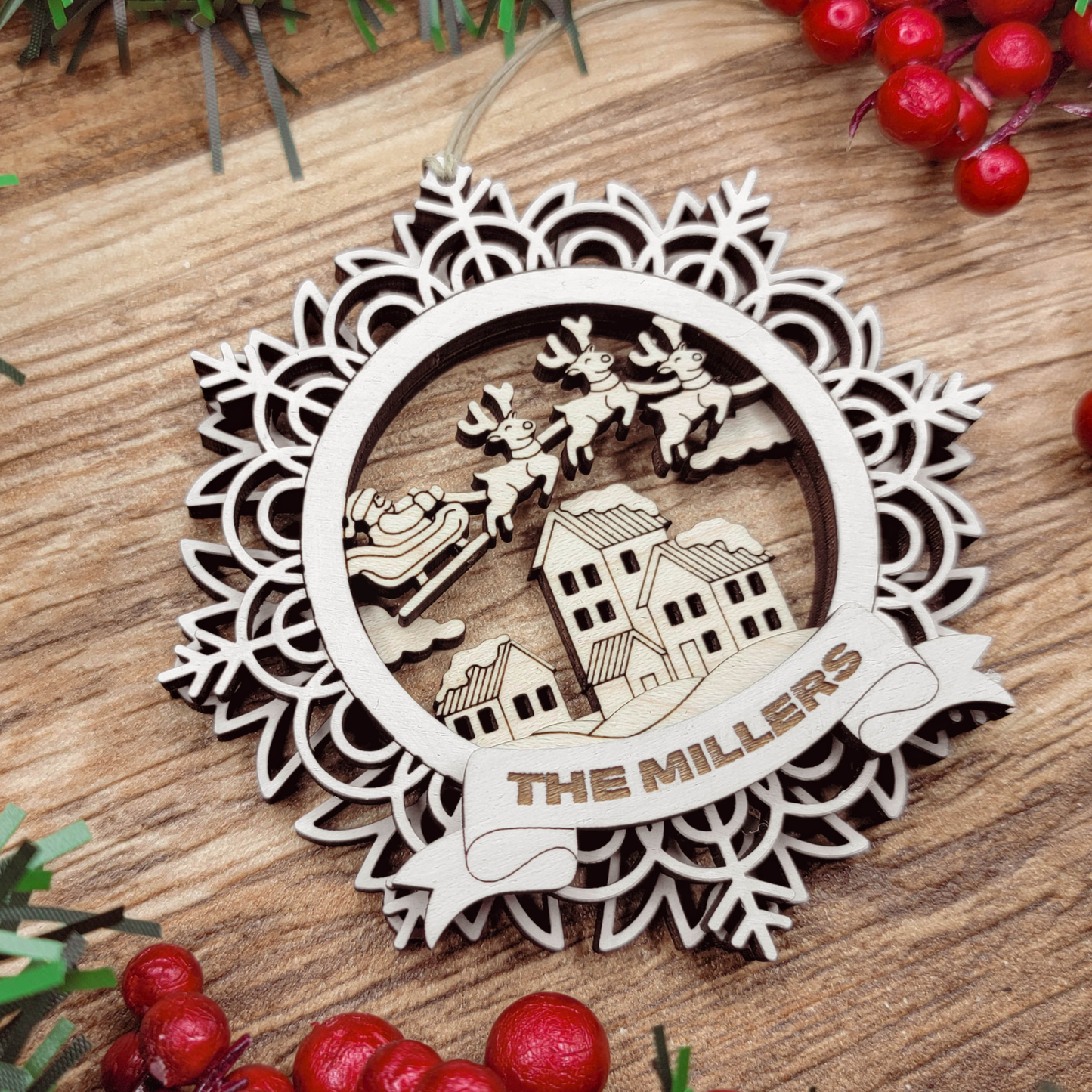 Personalized Santa Sleigh Snowflake Ornament – Custom Engraved Wooden Christmas Ornament