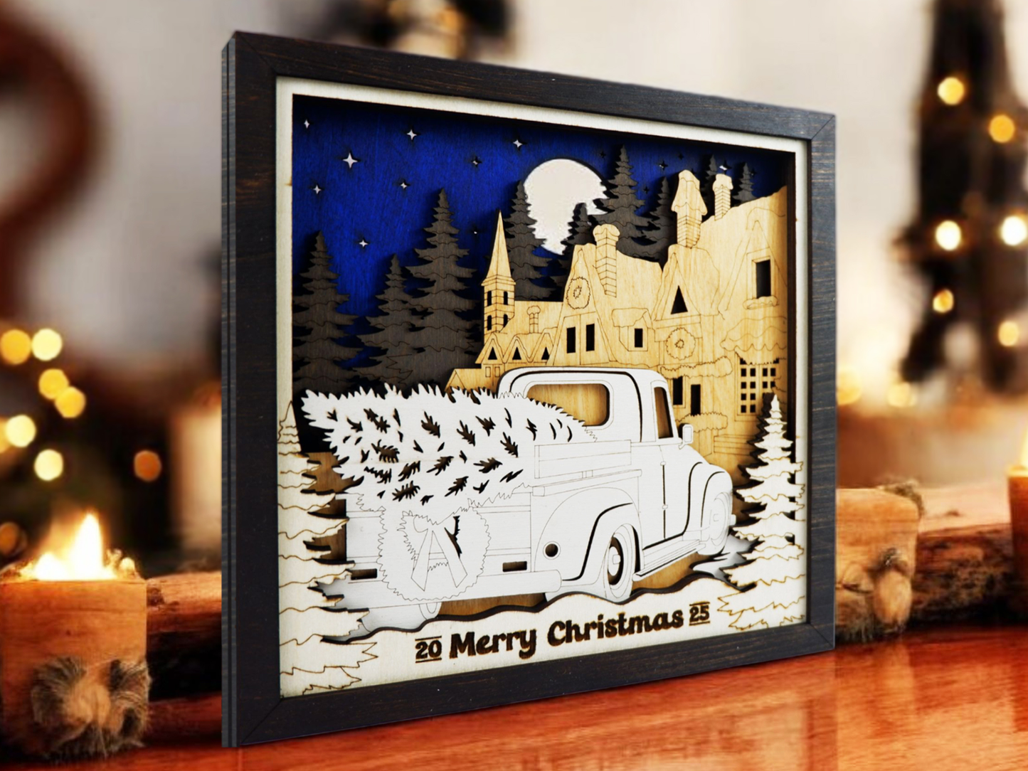 Personalized Farmhouse Scene Shelf Sitter – 3D Laser Cut & Engraved Wooden Sign