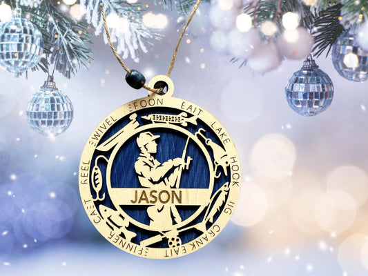 Fisherman Wooden Ornament – Personalized 4" Laser Engraved Gift with Optional Fishing Icons | With or Without Custom Name