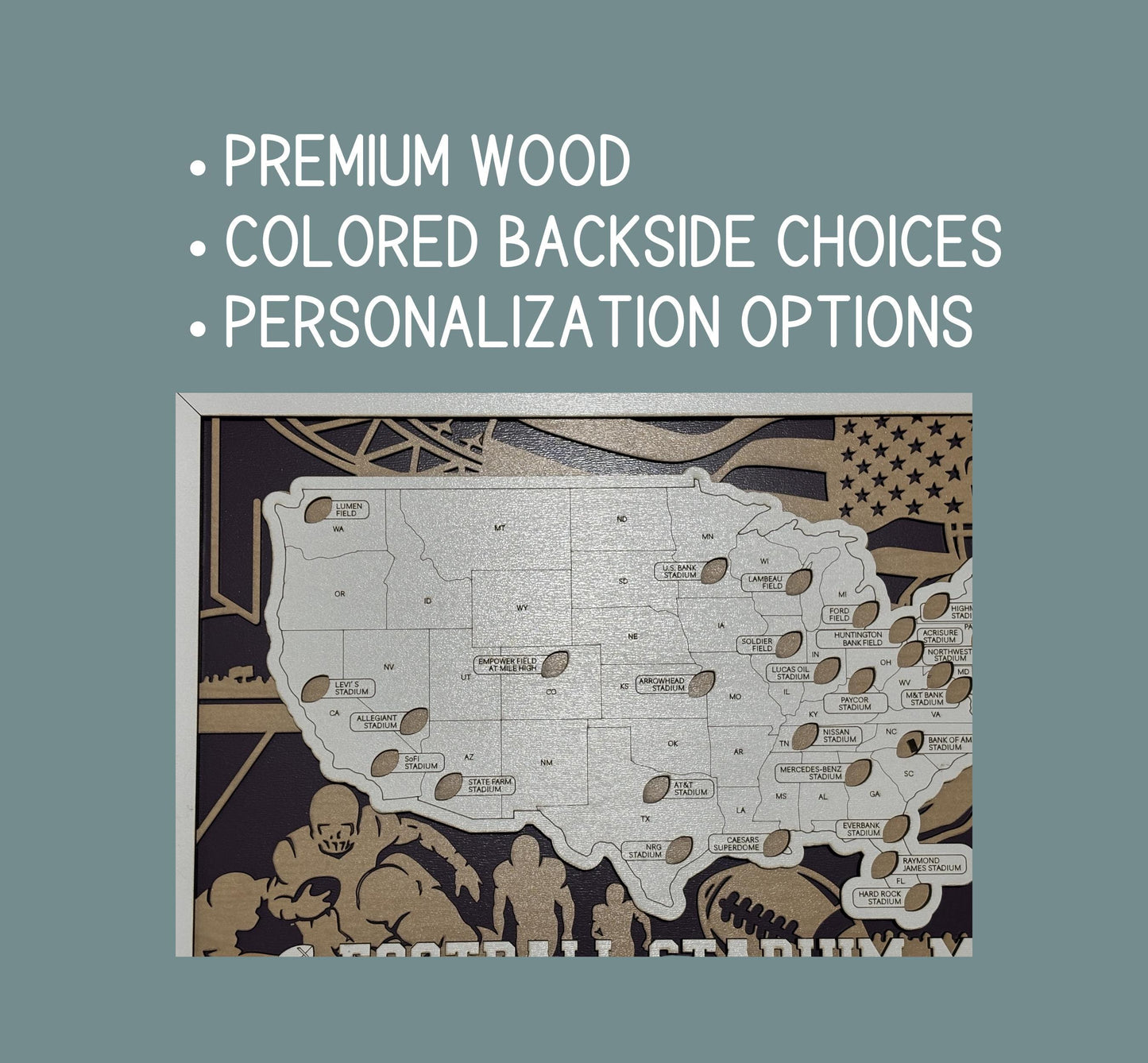 Football Stadium Tracker Map – 12x20 Laser Engraved Wood Wall Art with Custom Team-Inspired Background | Gift-Ready Sports Travel Display