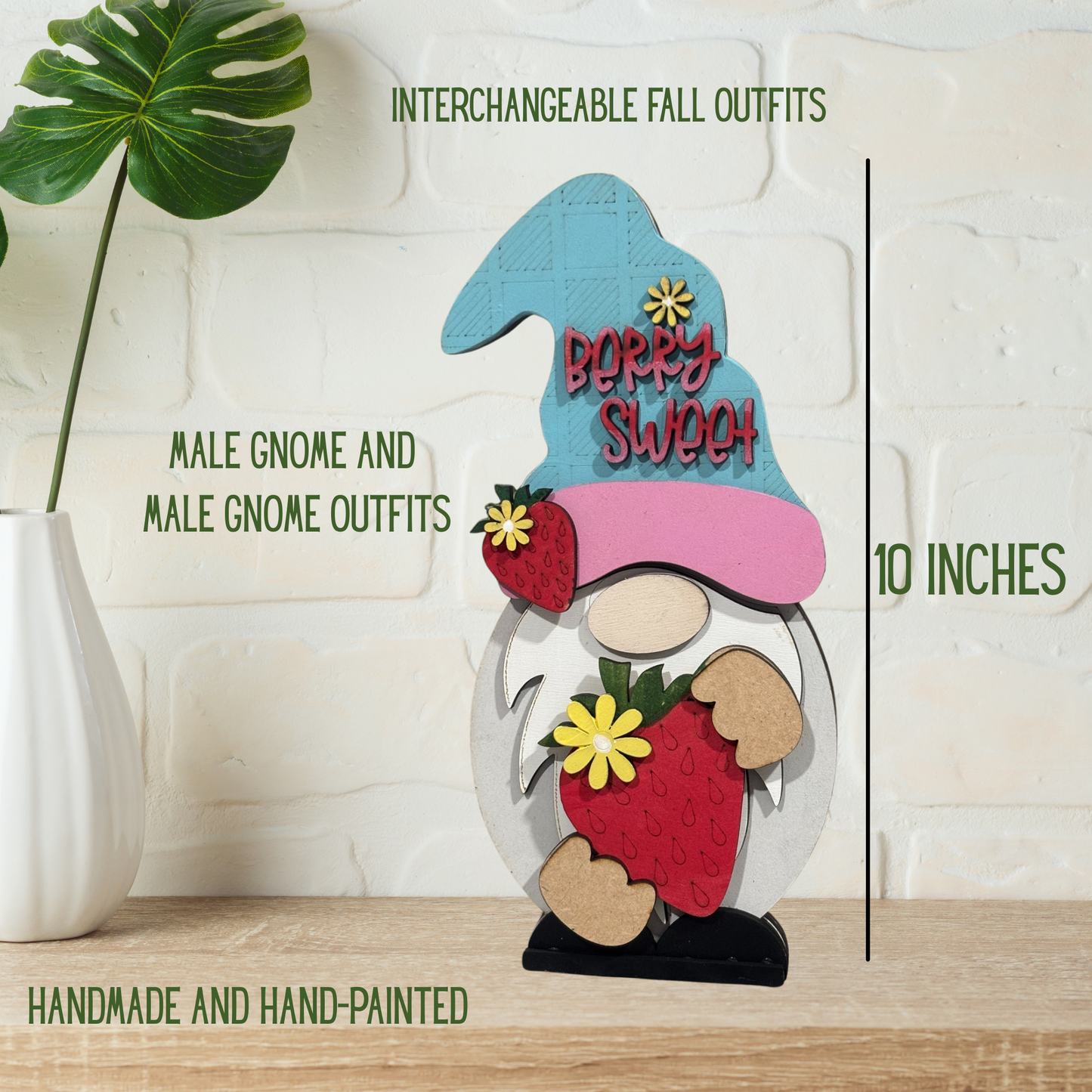 Summer Strawberry Gnome Shelf Sitter – Interchangeable Outfit | Handmade Wooden Gnome Decor