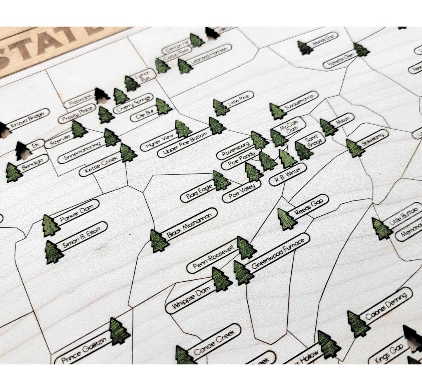 Pennsylvania State Park Tracker Map – 12x20 Laser Engraved Wood Wall Art with Tree Icons | Gift-Ready Display with Easel & Free Shipping