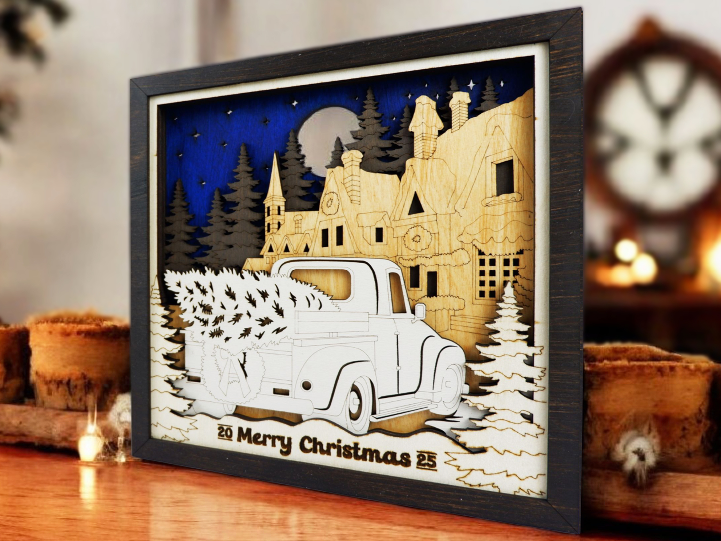 Personalized Farmhouse Scene Shelf Sitter – 3D Laser Cut & Engraved Wooden Sign