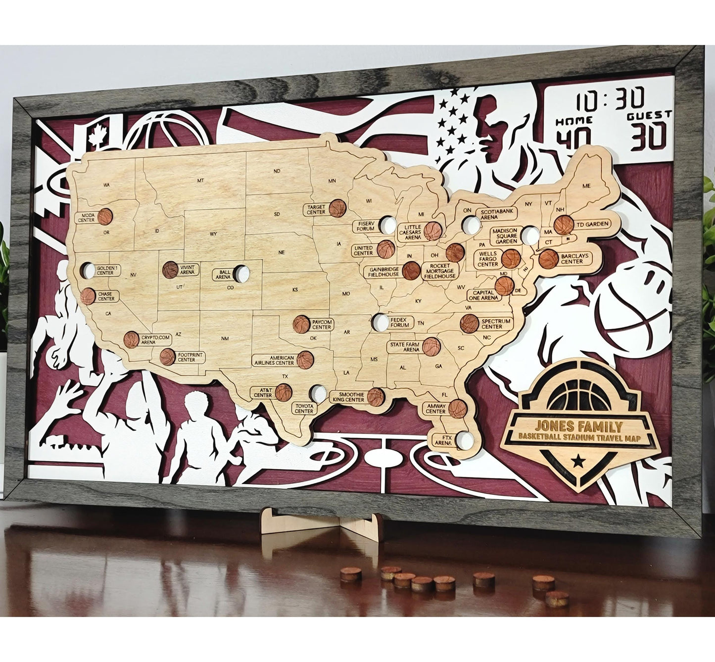 Personalized Basketball Map Tracker – Custom Name Wooden USA Arena Travel Keepsake