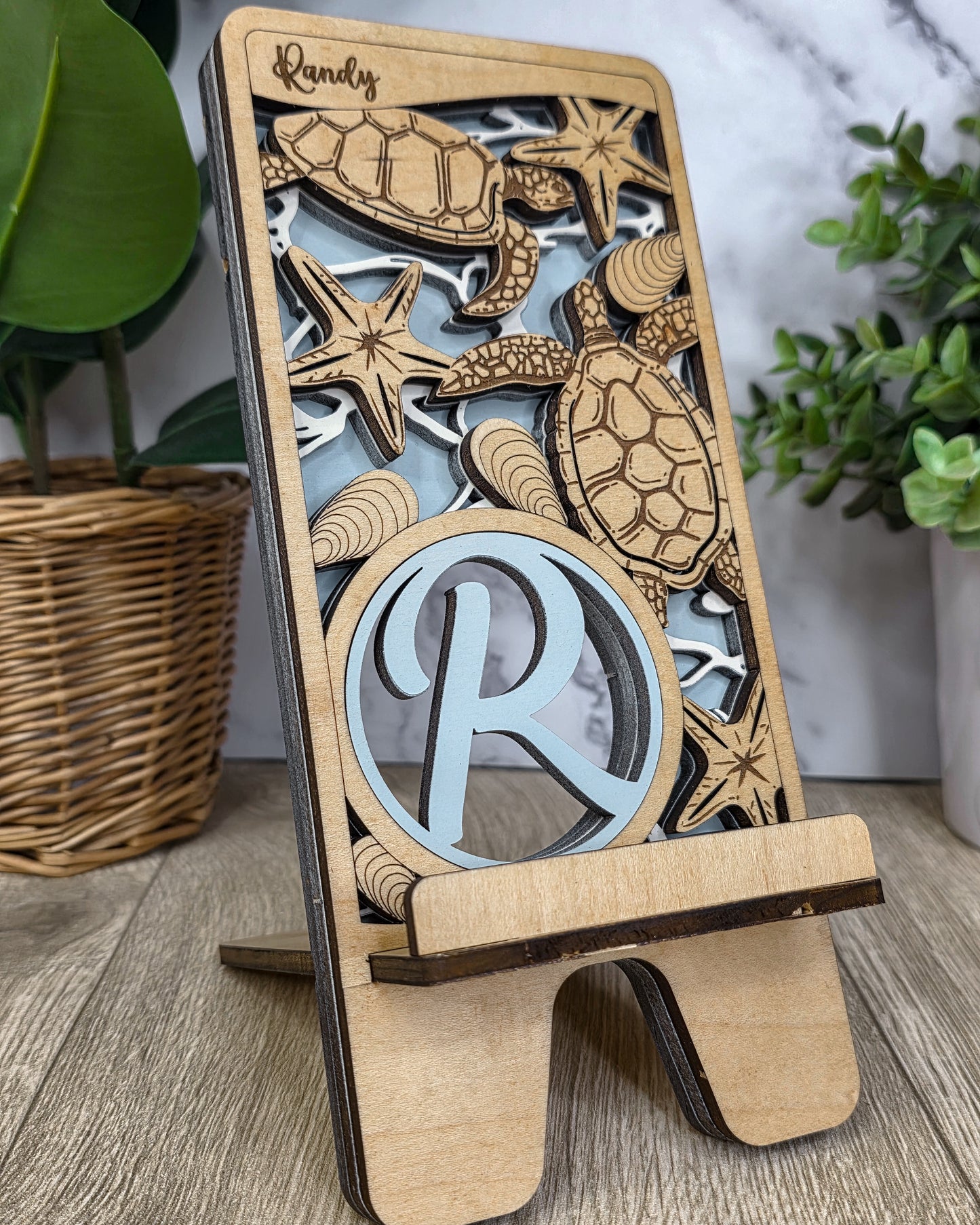 Personalized Wooden Folding Phone Stand – Engraved Name or Monogram Phone Holder