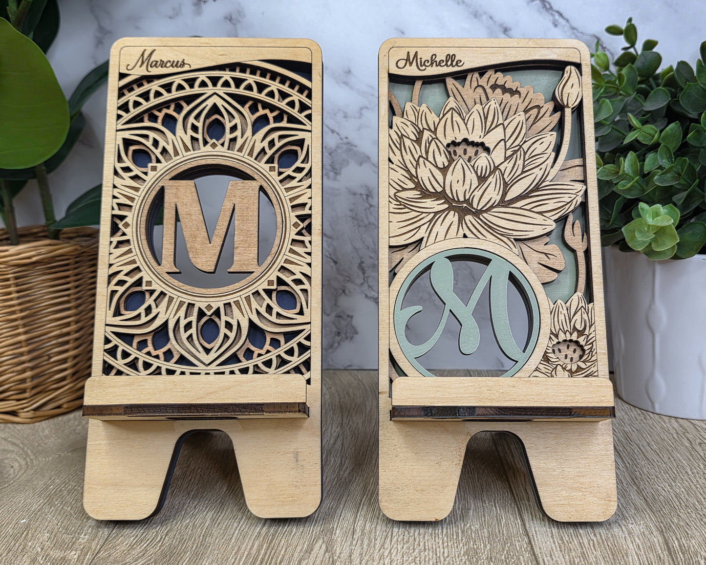 Personalized Wooden Folding Phone Stand – Engraved Name or Monogram Phone Holder