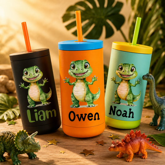 Personalized Dinosaur Tumbler for Boys | Custom Name T-Rex Kids Tumbler with Straw