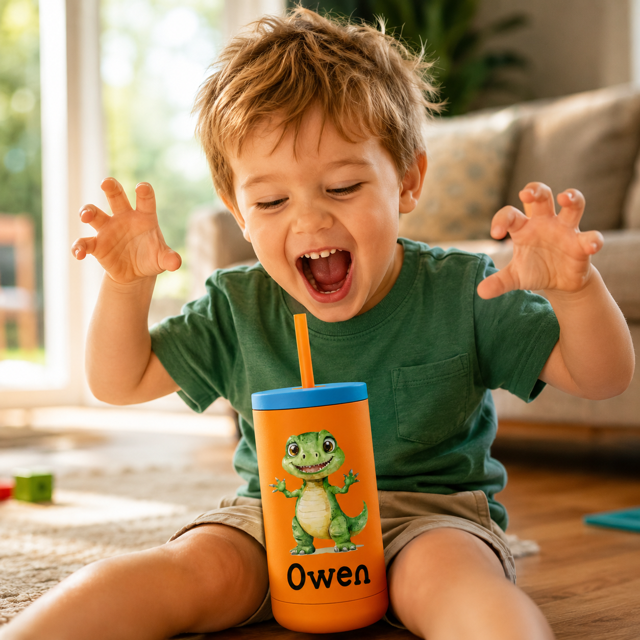 Personalized Dinosaur Tumbler for Boys | Custom Name T-Rex Kids Tumbler with Straw