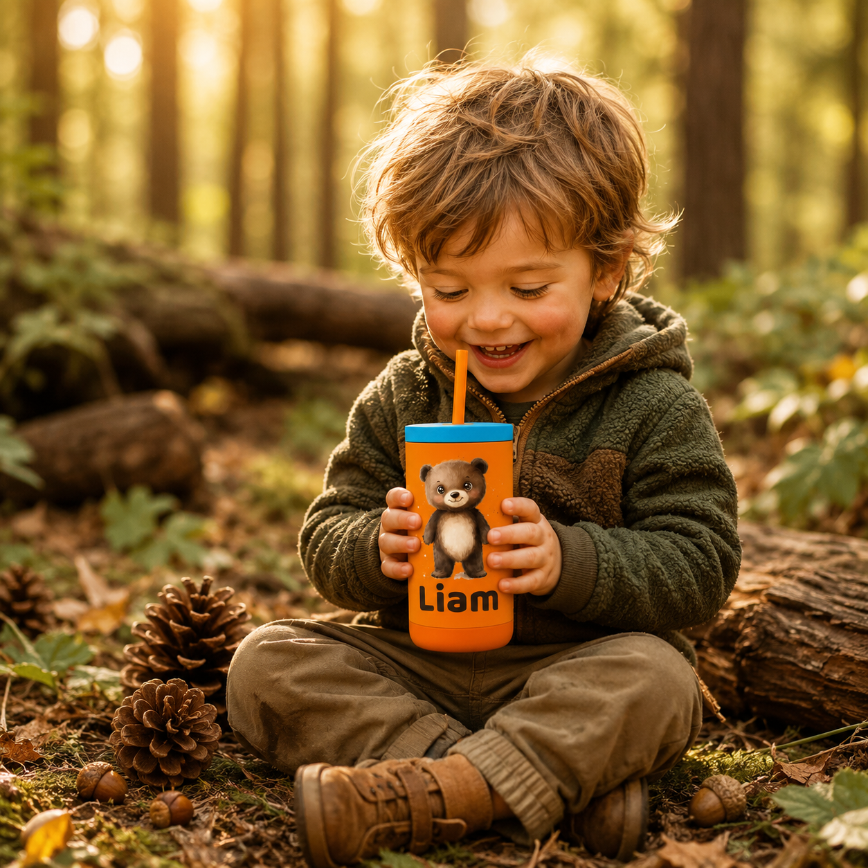 Personalized Bear Tumbler for Kids | Custom Name Woodland Bear Kids Tumbler with Straw