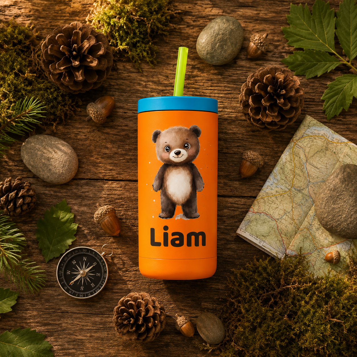 Personalized Bear Tumbler for Kids | Custom Name Woodland Bear Kids Tumbler with Straw