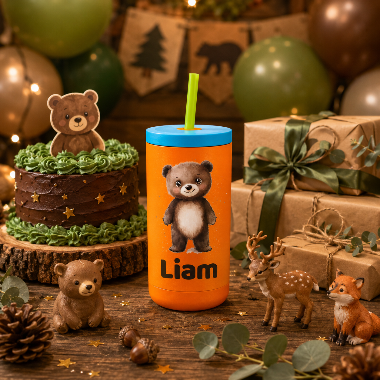 Personalized Bear Tumbler for Kids | Custom Name Woodland Bear Kids Tumbler with Straw