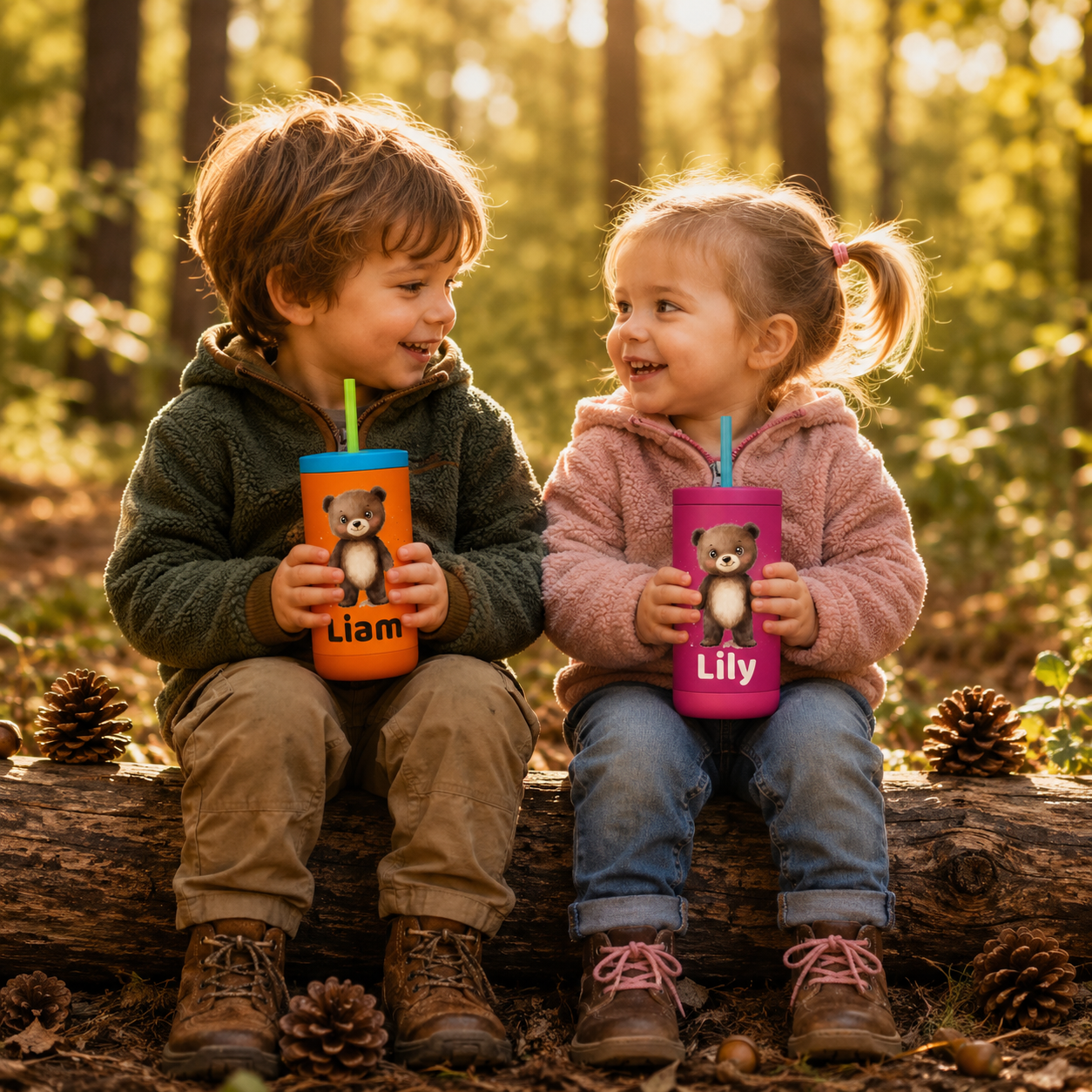 Personalized Bear Tumbler for Kids | Custom Name Woodland Bear Kids Tumbler with Straw