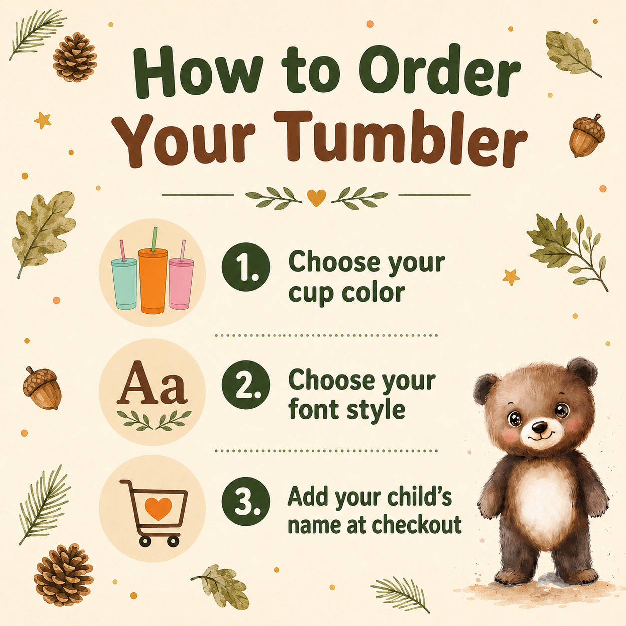 Personalized Bear Tumbler for Kids | Custom Name Woodland Bear Kids Tumbler with Straw