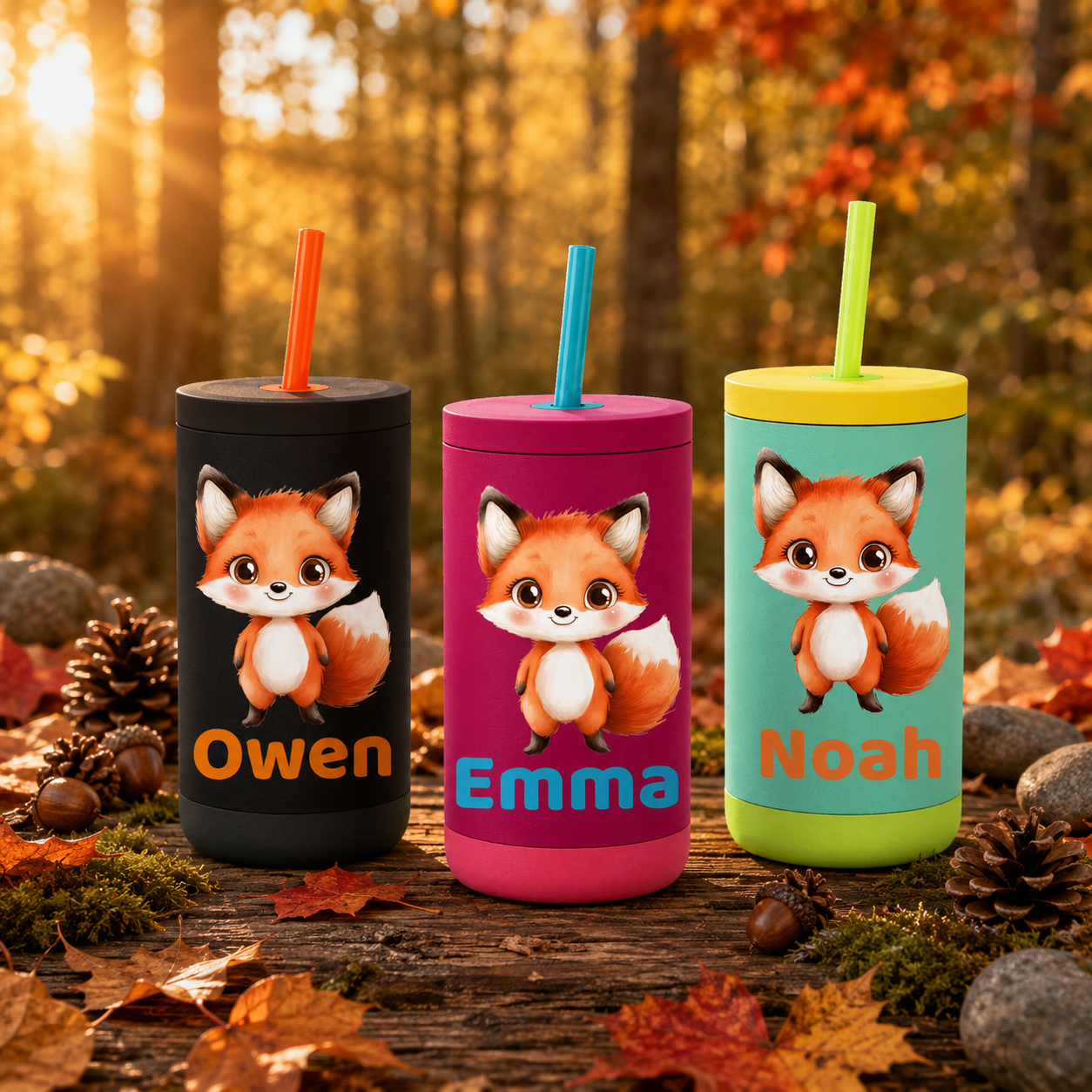 Personalized Fox Tumbler for Kids | Custom Name Woodland Fox Kids Tumbler with Straw